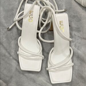 EGO White Square Toe Lace-Up Strappy Heels